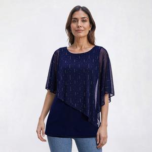 Womens MSK Metallic Solid Studded Accent Capelet Blouse